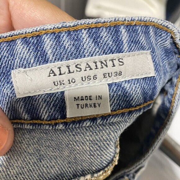 All Saints Denim Skirt Womens Size US 6 Blue Distressed Hem Side Pockets - Picture 3 of 9